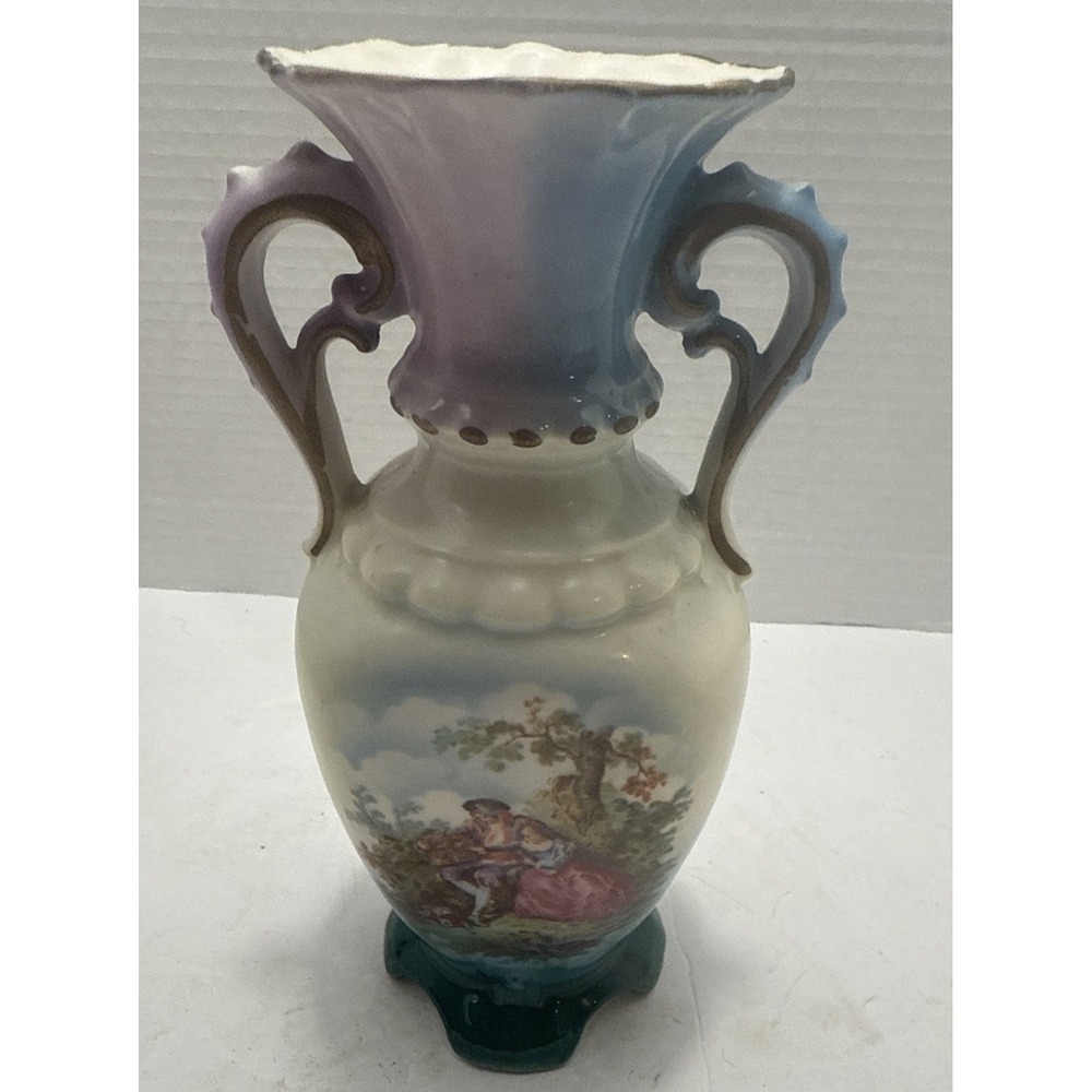 Vtg Czechoslovakian Porcelain Vase W/ Hand-Painted Courting Scene-Double Handles